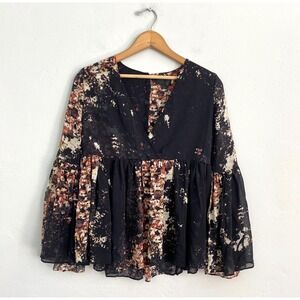 Intermix Silk Floral Top Women Size Petite Black Long Bell Sleeves Sheer